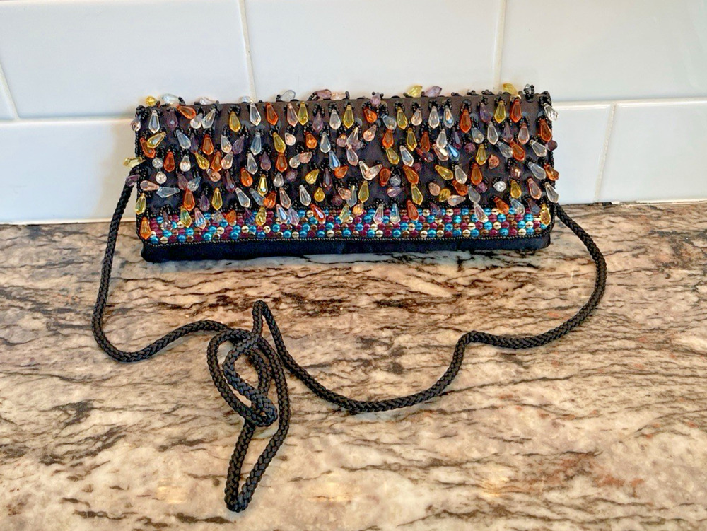 Vintage Beaded Sequined Purse Womens Handbag Jet Black Whimsical Statement Piece